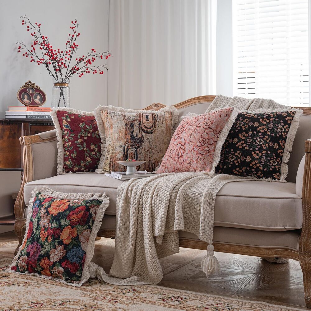 7810 Boho Jacquard Decorative Throw Pillow Covers with Tassels 18x18 Inch - Picture 3 of 7